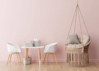 空粉红色的墙现代孩子房间模拟室内斯堪的那维亚放荡不羁的风格免费的复制空间图片海报表格椅子挂扶手椅玩具舒适的房间孩子们呈现