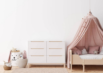空白色墙现代孩子房间模拟室内斯堪的那维亚风格免费的复制空间<strong>图片海报</strong>床上控制台藤篮子玩具舒适的房间孩子们呈现