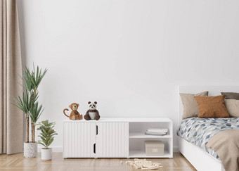 空白色墙现代孩子房间模拟室内斯堪的那维亚风格免费的复制空间<strong>图片海报</strong>床上藤篮子玩具舒适的房间孩子们呈现