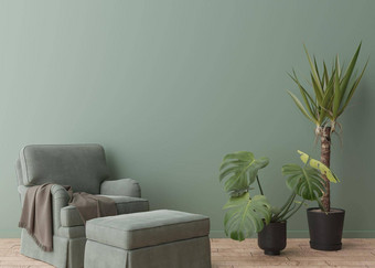 空绿色墙现代房间模拟室内当代斯堪的那维亚风格免费的复制空间<strong>图片海报</strong>文本设计扶手椅植物呈现