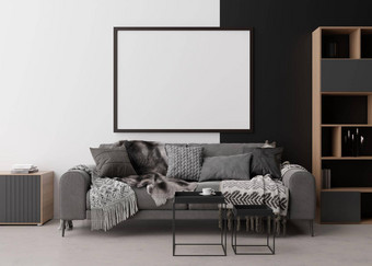 空图片框架白色黑色的墙现代生活房间模拟室内当代风格免费的空间复制空间图片海报沙发表格呈现
