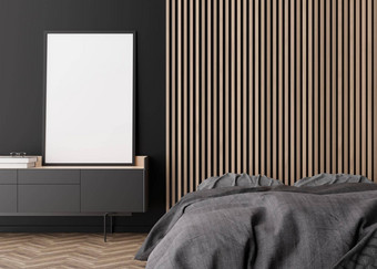 空垂直图片框架黑色的墙现代卧室模拟室内极简主义当代风格免费的空间复制空间图片床上控制台呈现