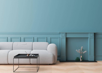 空蓝色的墙现代生活房间模拟室内当代风格免费的复制空间<strong>图片海报</strong>文本设计沙发表格花瓶呈现