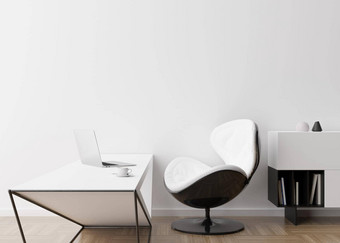 空白色墙现代房间模拟室内当代风格免费的复制空间<strong>图片</strong>海报文本设计控制台桌子上椅子书移动PC呈现