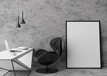空垂直图片框架站混凝土地板上现代首页办公室模拟室内极简主义当代风格免费的空间图片海报桌子上挂灯呈现