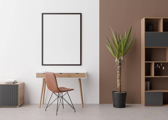 空垂直<strong>图片</strong>框架白色墙现代房间模拟室内极简主义当代风格免费的复制空间<strong>图片海报</strong>桌子上椅子餐具柜植物呈现