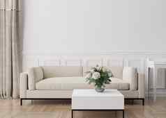 空白色墙现代生活房间模拟室内当代风格免费的复制空间图片海报文本设计沙发表格花呈现