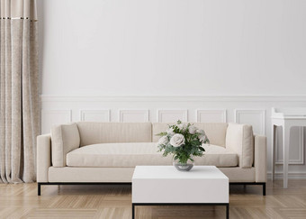 空白色墙现代生活房间模拟室内当代风格免费的复制空间<strong>图片海报</strong>文本设计沙发表格花呈现