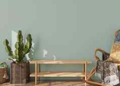 空光绿色墙现代生活房间模拟室内斯堪的那维亚放荡不羁的风格免费的复制空间图片文本设计藤扶手椅仙人掌呈现