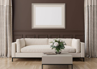 空水平图片框架棕色（的）墙现代生活房间模拟室内经典风格免费的复制空间图片海报沙发表格花花瓶呈现
