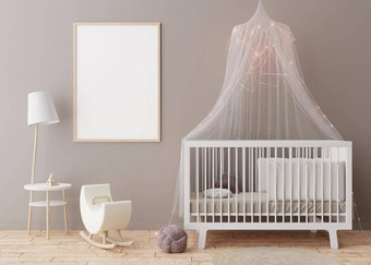 空垂直图片框架灰色墙现代孩子房间模拟室内斯堪的那维亚风格免费的复制空间图片婴儿床上表格舒适的房间孩子们呈现