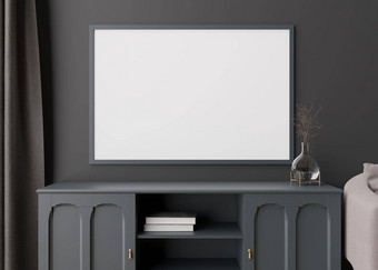 空水平图片框架黑暗墙现代生活房间模拟室内当代风格免费的复制空间图片海报控制台玻璃花瓶呈现