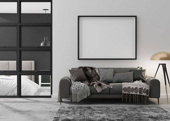 空图片框架白色墙现代生活房间模拟室内当代阁楼风格免费的复制空间图片海报沙发地毯灯混凝土地板上呈现