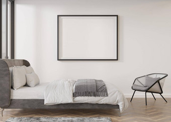 空图片框架白色墙现代卧室模拟室内当代风格免费的复制空间图片海报床上扶手椅呈现