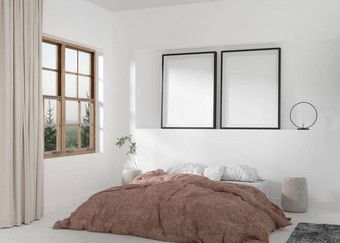 空垂直图片帧白色墙现代卧室模拟室内斯堪的那维亚风格免费的空间图片海报床上植物呈现