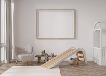 空水平图片框架白色墙现代孩子房间模拟室内斯堪的那维亚风格免费的复制空间图片床上扶手椅玩具舒适的房间孩子们呈现