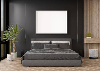 空<strong>图片</strong>框架黑色的墙现代卧室模拟室内当代风格免费的复制空间<strong>图片海报</strong>床上植物呈现