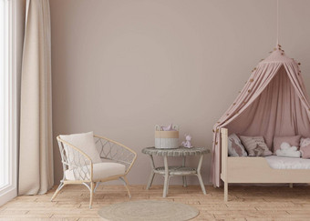 空光棕色（的）墙现代孩子房间模拟室内斯堪的那维亚风格免费的复制空间<strong>图片海报</strong>床上玩具藤扶手椅舒适的房间孩子们呈现