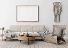 空水平图片框架白色墙现代生活房间模拟室内放荡不羁的风格免费的复制空间图片海报藤扶手椅流苏花边木地板上呈现