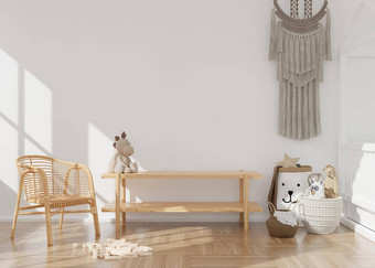 空白色墙现代孩子房间模拟室内斯堪的那维亚放荡不羁的风格复制空间图片海报控制台藤扶手椅玩具流苏花边舒适的房间孩子们呈现