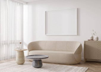 空水平图片框架白色墙现代生活房间模拟室内当代斯堪的那维亚风格免费的复制空间图片海报沙发地毯表格呈现