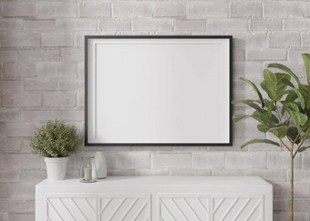 空水平图片框架白色砖墙现代生活房间模拟室内极简主义当代风格免费的空间图片海报控制台蜡烛植物呈现