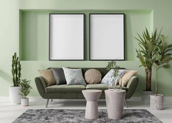 空垂直<strong>图片</strong>帧绿色墙现代生活房间模拟室内当代斯堪的那维亚风格免费的空间<strong>图片海报</strong>沙发表格地毯植物呈现