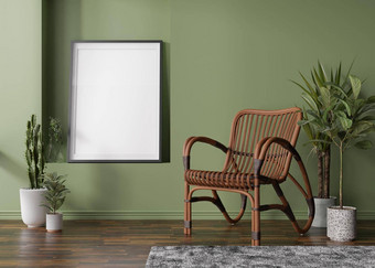 空垂直图片框架绿色墙现代房间模拟室内斯堪的那维亚放荡不羁的风格免费的复制空间图片藤扶手椅植物呈现