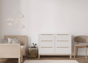 空白色墙现代孩子房间模拟室内斯堪的那维亚风格复制空间图片海报床上椅子藤篮子餐具柜玩具舒适的房间孩子们呈现