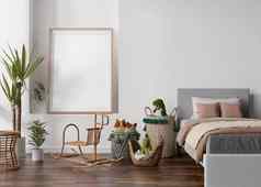 空垂直图片框架白色墙现代孩子房间模拟室内斯堪的那维亚放荡不羁的风格免费的复制空间图片床上玩具舒适的房间孩子们呈现