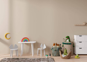 空光棕色（的）墙现代孩子房间模拟室内斯堪的那维亚风格复制空间<strong>图片海报</strong>表格椅子藤篮子玩具舒适的房间孩子们呈现