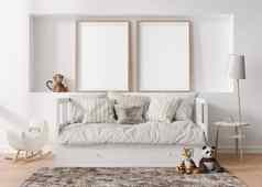 空垂直图片帧白色墙现代孩子房间模拟室内斯堪的那维亚风格免费的复制空间图片床上玩具舒适的房间孩子们呈现