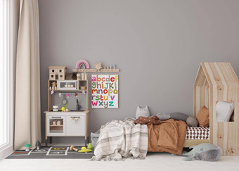 空<strong>灰色</strong>的墙现代孩子房间模拟室内斯堪的那维亚风格复制空间<strong>图片海报</strong>床上玩具舒适的房间孩子们呈现