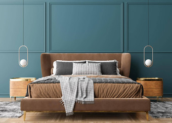 空蓝色的墙现代舒适的卧室模拟室内当代风格免费的空间复制空间图片文本设计床上灯呈现