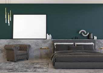 空水平图片框架绿色墙现代卧室模拟室内当代风格免费的复制空间图片海报床上地毯灯呈现
