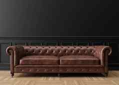 空黑色的墙现代生活房间模拟室内经典风格免费的空间复制空间图片文本设计棕色（的）皮革沙发呈现