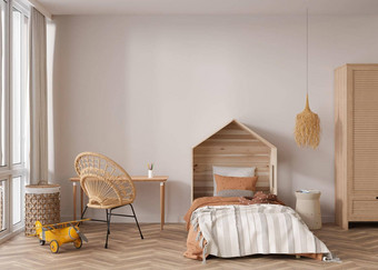 空墙现代孩子房间模拟室内放荡不羁的风格免费的复制空间图片海报床上藤椅子玩具舒适的房间孩子们呈现