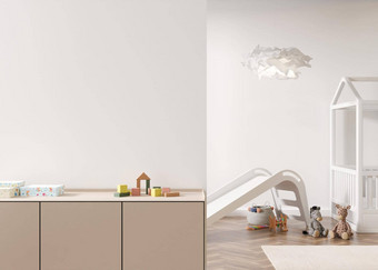空白色墙现代孩子房间模拟室内当代斯堪的那维亚风格复制空间<strong>图片海报</strong>床上餐具柜玩具舒适的房间孩子们呈现