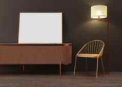 空白图片框架棕色（的）墙生活房间模拟海报框架现代室内渲染插图免费的空间复制空间设计