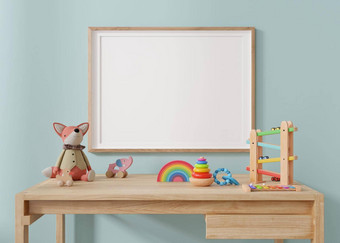 空水平图片框架挂蓝色的墙现代孩子房间框架模拟当代风格免费的复制空间图片海报豪华的木玩具关闭视图呈现