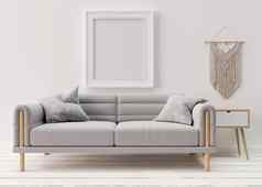 空图片框架白色墙现代生活房间模拟室内斯堪的那维亚放荡不羁的风格免费的空间复制空间图片灰色沙发呈现