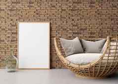 空垂直图片框架砖墙现代生活房间模拟室内斯堪的那维亚放荡不羁的风格免费的空间图片藤沙发干草玻璃花瓶呈现