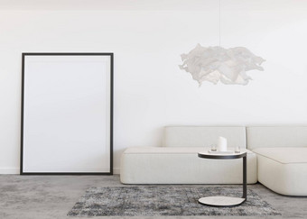 空垂直<strong>图片</strong>框架站混凝土地板上现代生活房间模拟室内当代风格免费的复制空间<strong>图片海报</strong>白色墙沙发灯呈现