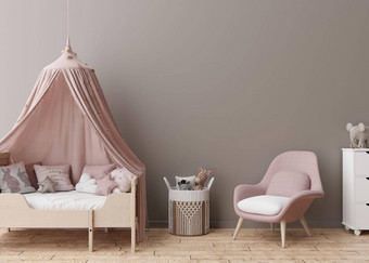 空棕色（的）墙现代孩子房间模拟室内斯堪的那维亚风格免费的复制空间<strong>图片海报</strong>床上玩具舒适的房间孩子们呈现