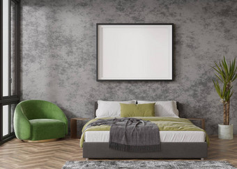 空水平图片框架混凝土墙现代卧室模拟室内当代风格免费的复制空间图片海报床上植物绿色扶手椅呈现