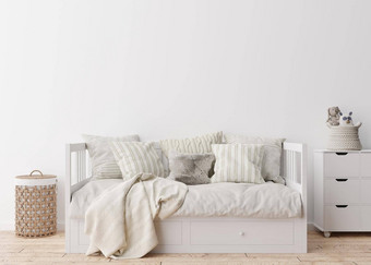空白色墙现代孩子房间模拟室内斯堪的那维亚风格免费的复制空间<strong>图片海报</strong>床上藤篮子玩具舒适的房间孩子们呈现