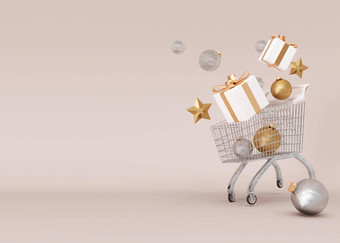 购物车电车礼物盒子圣诞节装饰米色背景免费的空间文本圣诞节购物圣诞节出售一年横幅模板模拟复制空间渲染