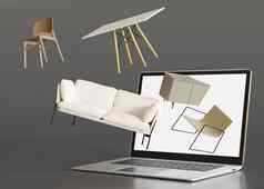 移动PC飞行家具购物在线家具商店室内细节家具出售室内项目概念买沙发表格椅子洗脸台互联网电子商务呈现