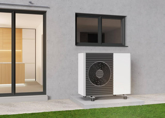 空气热泵站在户外现代环境友好的加热保存钱空气泵空气源热泵非常高效。可再生源能源呈现