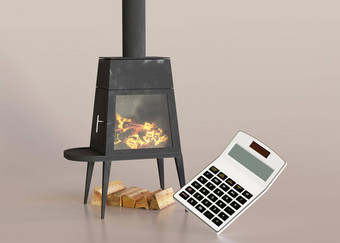 壁炉柴火计算器米色背景加热昂贵的能源危机柴火价格呈现